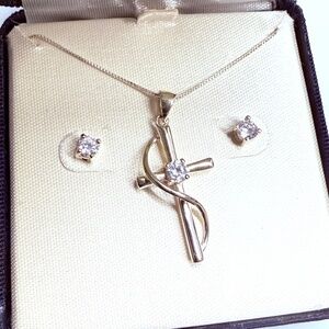 Sterling Silver Cross Pendant with Sash 925 Necklace 16" & Stud Earrings Italy